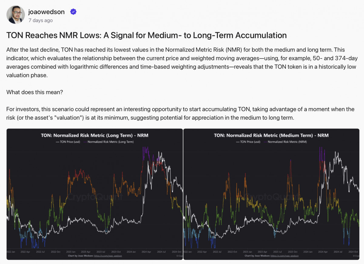 CryptoQuant highlighted TON as being significantly undervalued, suggesting it may offer a compelling accumulation point for long-term holders.