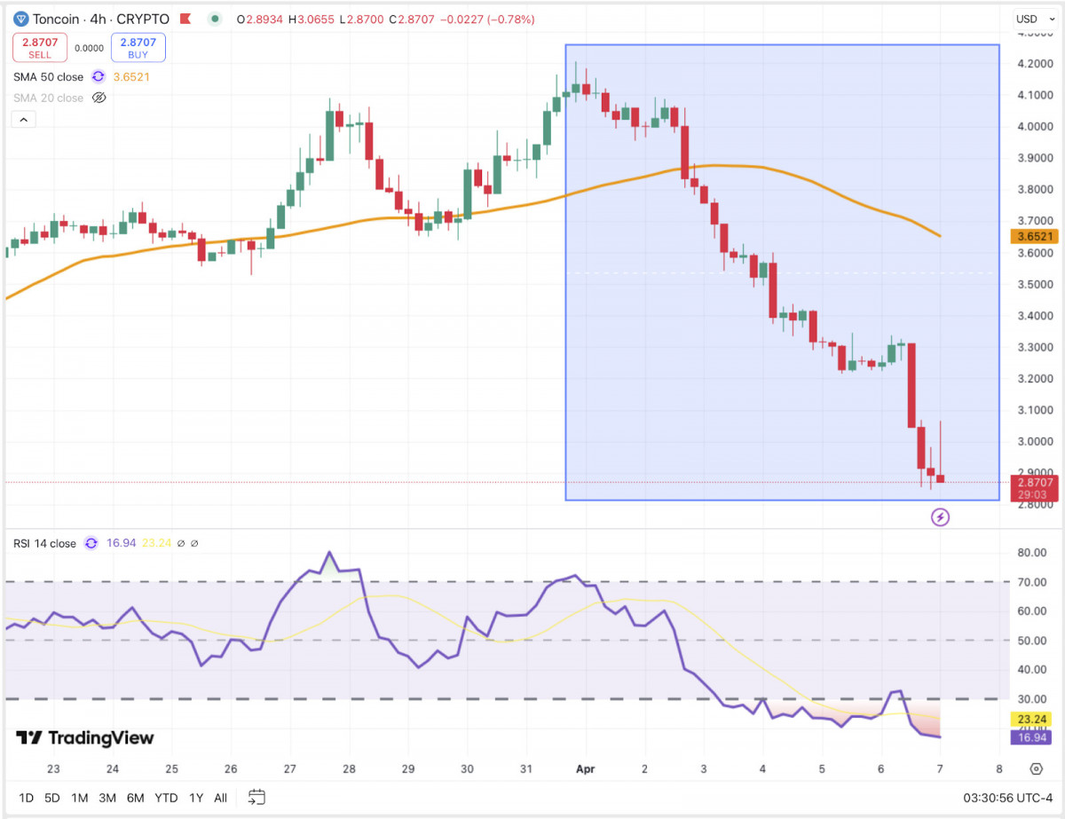 In a rapid descent, TON experienced a 30% decline, falling from $4.20 to under $2.90, mirroring the major players' downward trajectories.