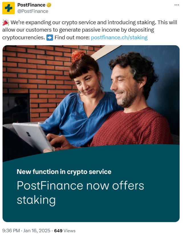 The decision by the Swiss state-owned PostFinance to enable ETH staking represents another significant endorsement for Ethereum’s proof-of-stake approach.
