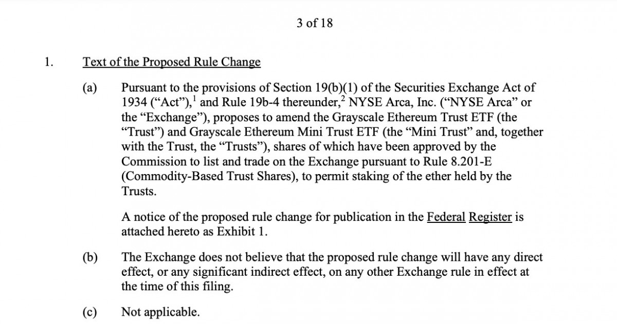 The NYSE has proposed changes to incorporate staking for Grayscale’s spot Ether ETF, potentially ushering in new institutional investors.