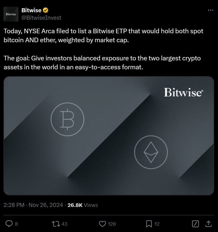 NYSE Arca files to register a Bitwise ETP for both BTC and ETH.