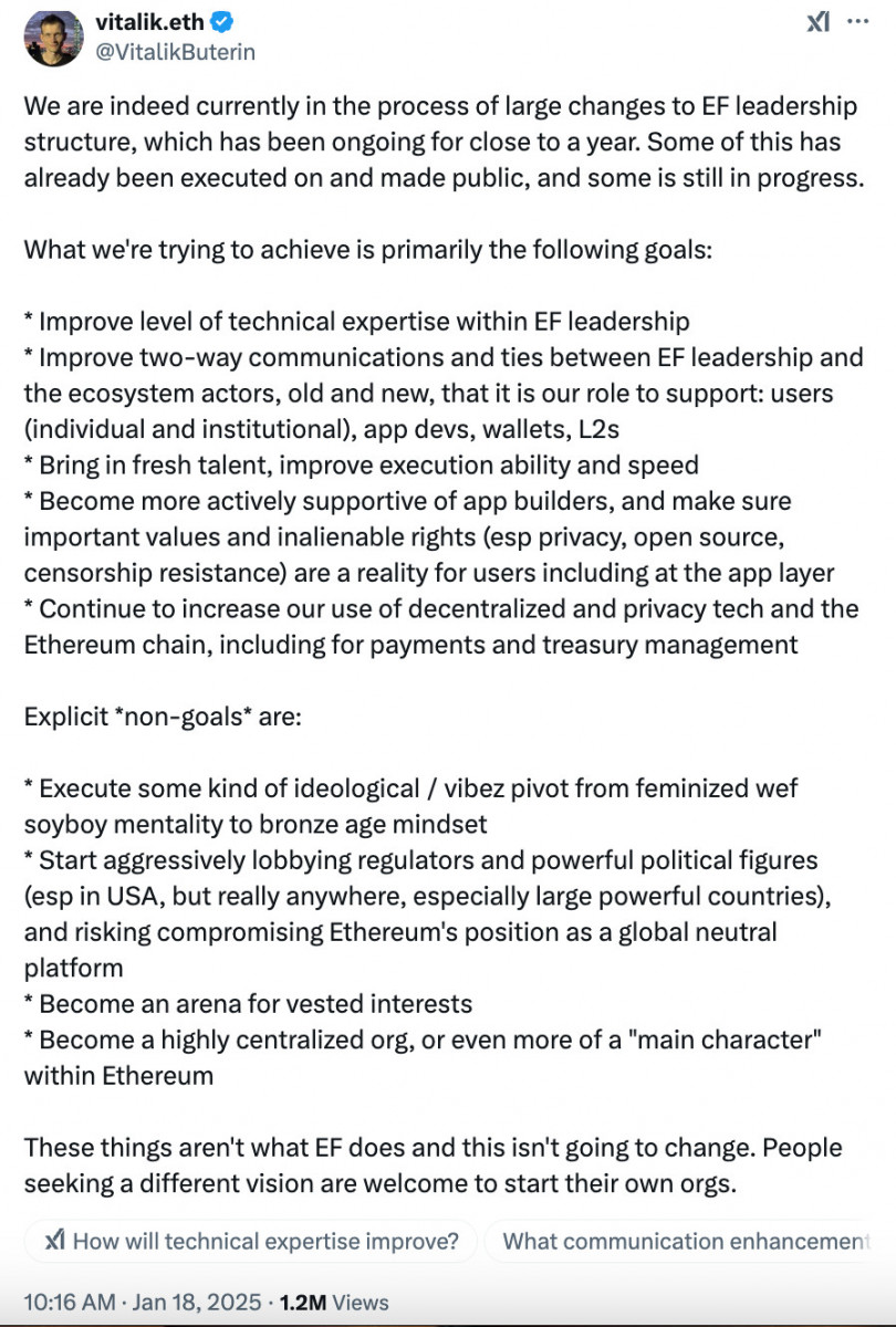 Vitalik Buterin's recent strategic changes at the Ethereum Foundation aim to reinforce its focus on decentralization and enhance the growth of its technical ecosystem.