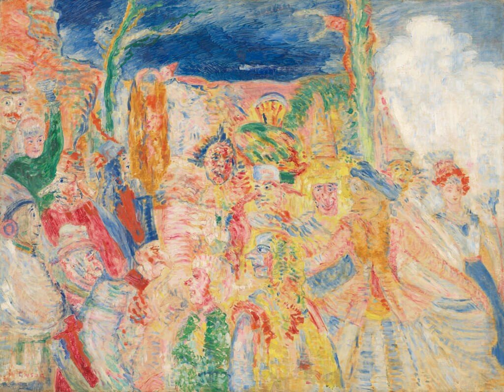 James Ensor's work, Carnaval de Binche, is an oil painting on canvas created in 1924 and is currently on loan.