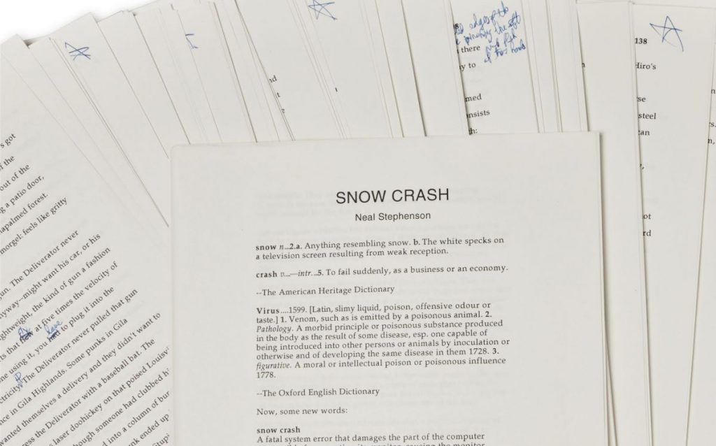 Fans of Neal Stephenson will also find the chance to acquire Bruce Jensen’s original cover artwork from the 1993 edition of 'Snow Crash,' along with a replica leather jacket designed for one of the protagonists. Additionally, the collection includes the 'Sword One' NFT and creations by Weta Workshop, the original layout manuscript for the book, plus various elements from the initial graphic design of 'Snow Crash.'