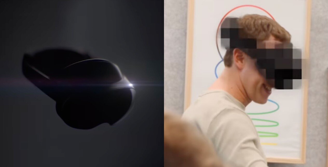 On the left side, one can see a mock-up of the Cambria VR headset, and on the right, there's an image of Mark Zuckerberg donning the headset.