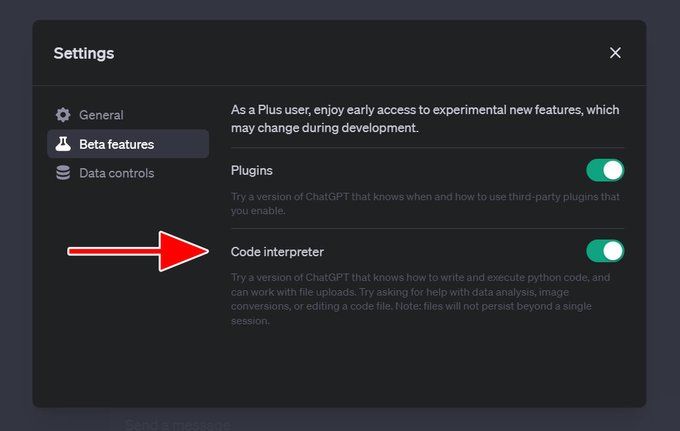 Step #1: Activate Code Interpreter To access the Code Interpreter, head over to the Settings section in ChatGPT, select Beta Features, and locate the Code Interpreter option. This will be rolled out to ChatGPT Plus users shortly.