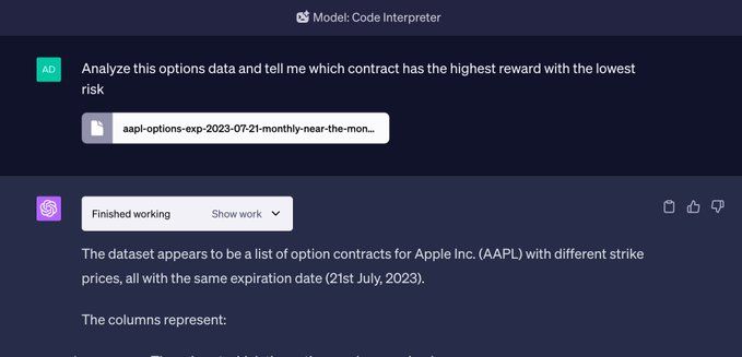 In this particular scenario, GPT-4, leveraging the ChatGPT Advanced Data Analysis, produced five key recommendations based on the data. It also accurately identified the call option with a strike price of $170 set to expire on July 21st. This instance underscores the Code Interpreter's capability to execute intricate data analysis tasks.