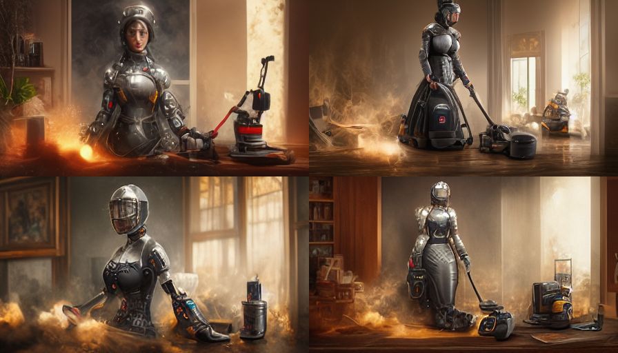 an enchanting scene featuring a woman-maid donned in armor fashioned from vacuum cleaner parts, determined to succeed, set in a post-apocalyptic living room, strikingly detailed, full-frame, ultra-realistic, presented in keyshot –ar 16:9