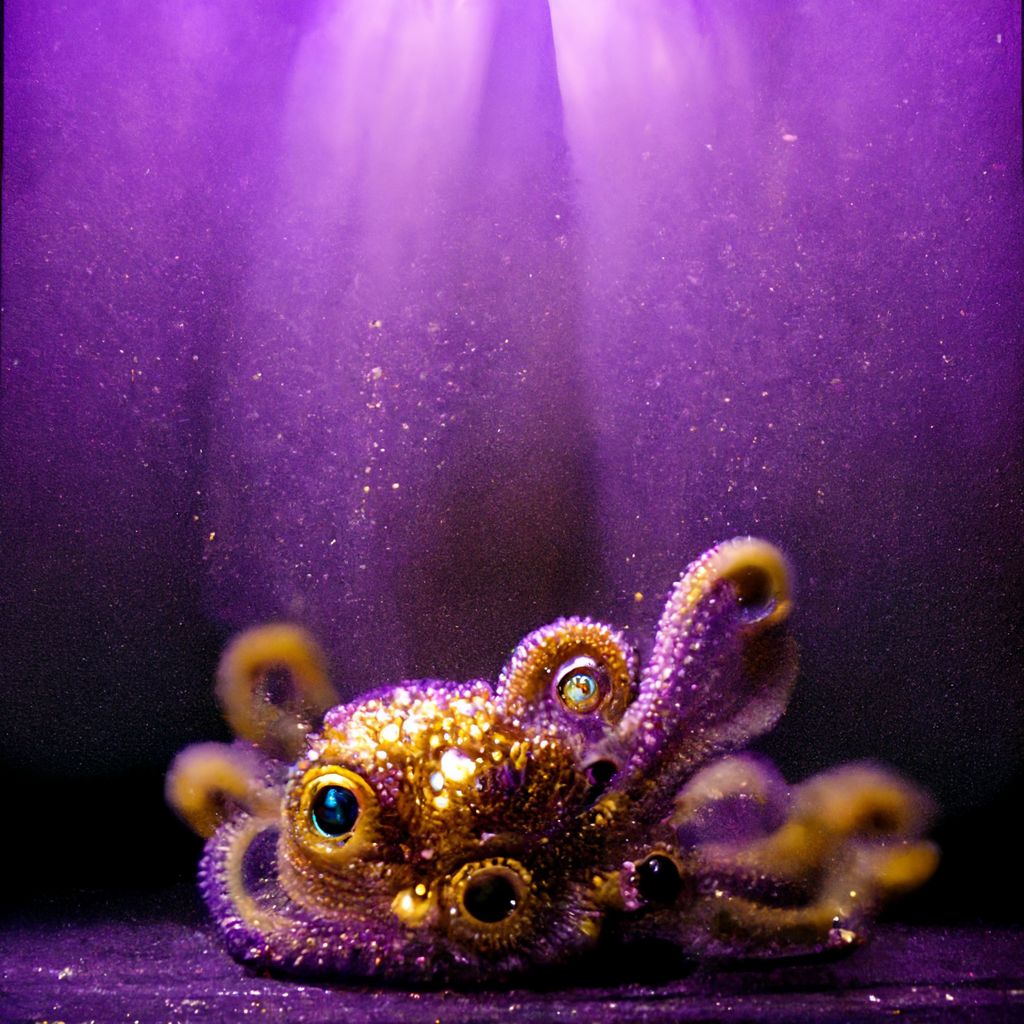 envision a Caribbean fantasy: a vibrant purple octopus swimming within a small golden aquarium adorned with tiny microphones: a surreal spectacle