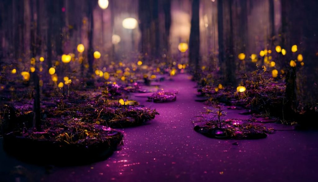 a neon-infused forest set at night, with a purple water-covered floor, golden roses scattered about + a dark, moody ambiance + cinematic, high-detail, realistic octane render, 35mm, –ar 5:3
