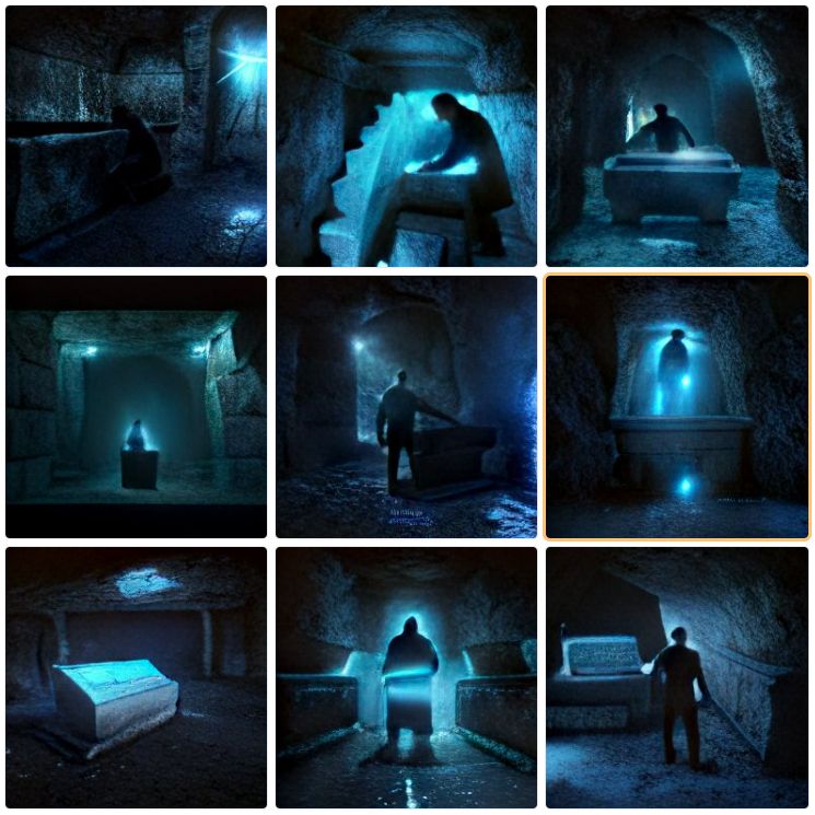 an individual uncovering a stone sarcophagus, set within an ancient underground tomb, illuminated by blue glowing lights, featuring three decaying thrones, with soft ambient lighting, in 8k resolution, highly detailed, embodying dark fantasy elements with a cinematic flair
