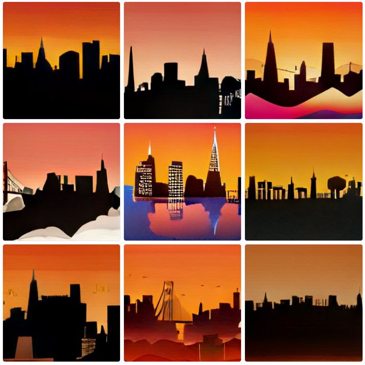 the iconic skyline of San Francisco, presented in flat color silhouette, square format