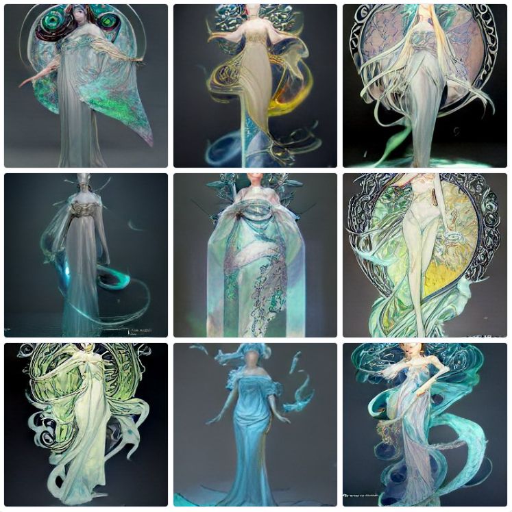 full-body representation of a goddess of dreams, intricate, prism-like, flowing, airy, ethereal. Character concept inspired by Yoshitaka Amano, Herbert Arnould Olivier, Alphonse Mucha, Akihiko Yoshida, Hyung-tae Kim, and Alexander McQueen. Trending on Artstation