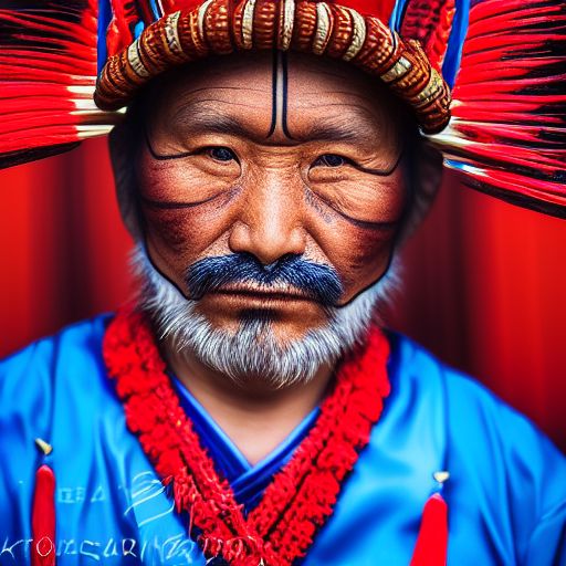 Prompt: A portrait of an elderly Asian warrior chief adorned with tribal panther makeup, vividly colored blue against a red background, captured in profile, looking away with a serious demeanor, utilizing 50mm portrait photography techniques under harsh rim lighting --beta --ar 2:3 --beta --upbeta --upbeta