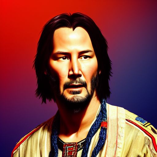 Prompt: A portrait photo capturing Keanu Reeves as an elderly Asian warrior chief, showcasing tribal-style makeup in blue and red, side profile looking away with a serious expression, employing a 50mm lens with strong rim lighting --beta --ar 2:3 --beta --upbeta --beta --upbeta --beta --upbeta