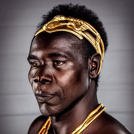 A portrait photo of an elderly African warrior chief with tribal panther makeup, rich gold against a white backdrop, depicted in profile, gazing away with serious eyes, captured through 50mm portrait photography with strong rim lighting --beta --ar 2:3 --beta