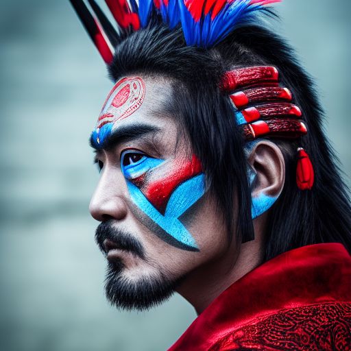 A medium-shot side profile portrait of Takeshi Kaneshiro as a warrior chief, adorned with tribal panther makeup in a striking blue on red, gazing away with serious eyes, taken using a 50mm lens under hard rim lighting --ar 2:3 --beta --upbeta