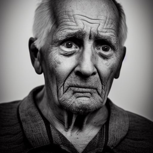 A poignant portrait of an elderly man shedding tears in bed, framed by gauged ears, looking away with serious eyes, rendered in 50mm portrait photography under hard rim lighting --beta --ar 2:3 --beta --upbeta