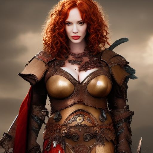 A full-body photograph of Christina Hendricks portrayed as a fierce Amazon warrior, intricately detailed in 4K HDR quality, smooth finish, sharp focus, and award-winning attributes.