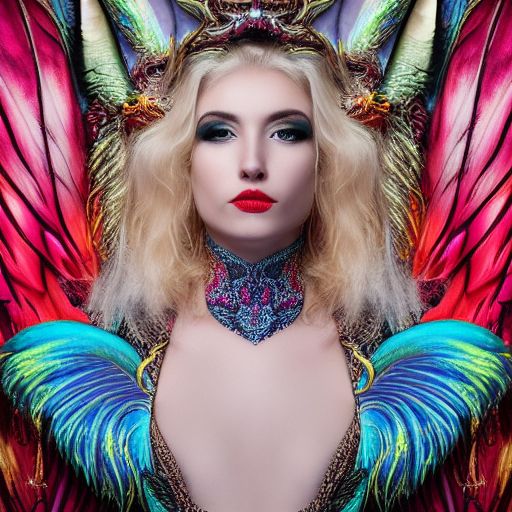 An intricately detailed hyper-maximalist close-up macro portrait showcasing a heavenly royal dragon queen, featuring long, windswept platinum blonde hair and dragon scale wings. This captivating image is inspired by Magic the Gathering, highlighting a pale wet skin tone, dark eyes, and red lips playing into a flirtatious, passionate demeanor. Created to achieve vibrant contrasts, this artwork features contributions from acclaimed artists such as Andrei Riabovitchev and Tomasz Alen Kopera. A fantastical fusion of glamorous poses trending on ArtStation, infused with dramatic lighting utilizing ice, fire, and smoke against a backdrop of orthodox symbolism, Diesel punk aesthetic, mist, and ambient occlusion, enhanced by volumetric lighting—perfectly capturing the essence of realms reminiscent of Lord of the Rings and BioShock, with a glamorous and emotional twist. Shot in a professional studio setting under backlit conditions with rim lighting, achieving a hyper-detailed illustration suited for 8k resolution.
