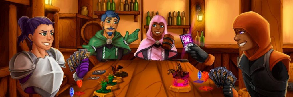 from Divergent Realities, another remarkable indie game featured here. This social collectible card game stands out as one of the first VR card games. It creates an immersive setting for players to enjoy card games with both friends and newcomers within the cozy ambiance of a medieval tavern. The game's tagline invites players to \