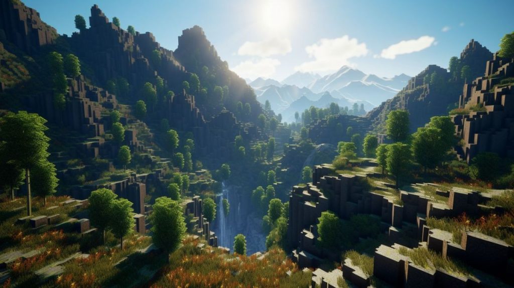 Prompt: Capture a moment in Minecraft viewed through Terragen, immersing in the lush forest against a deep blue sky, enhanced by a polarizing filter for remarkable detail, ultra HD in 8k --ar 16:9 --q 2 --v 5 --s 750.