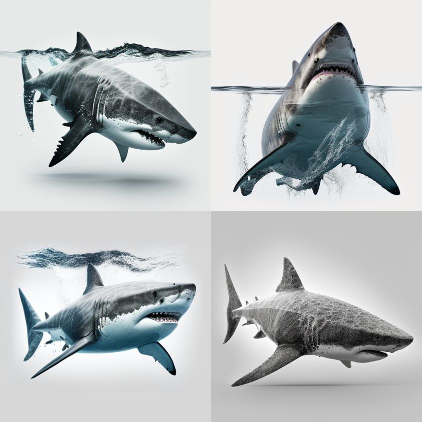Prompt: Showcase the back of a great white shark in stunning 8k quality presented on a transparent backdrop.