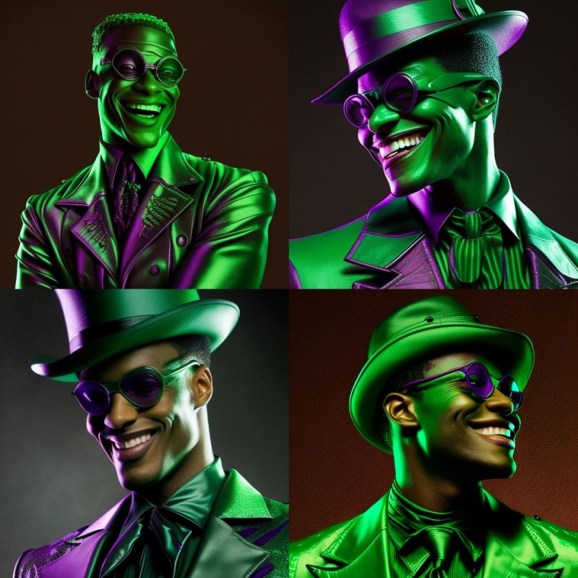 Prompt: Imagine Chris Tucker as the Riddler, adorned in the signature green outfit from Batman Forever, a green mask over his tall, slender figure, laughing candidly at the lens, complemented by a purple backlight in photorealistic 8k, — v 5.
