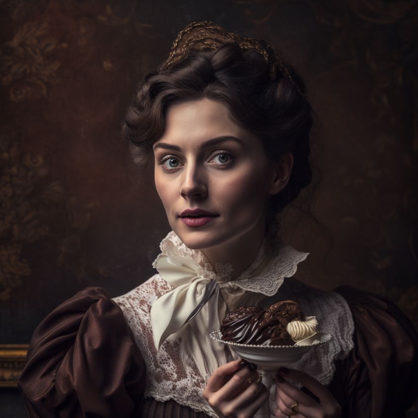 Prompt: Create an image of high-society individuals enjoying chocolate in the Victorian era, styled in unsplash photography with Canon's stunning 8k quality --ar 16:9 c 14 s 300.