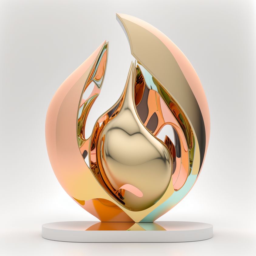 Prompt: Create an abstract representation of a peach sculpture crafted from reflective stainless steel material, against a pristine white background, rendered in stunning 8K.