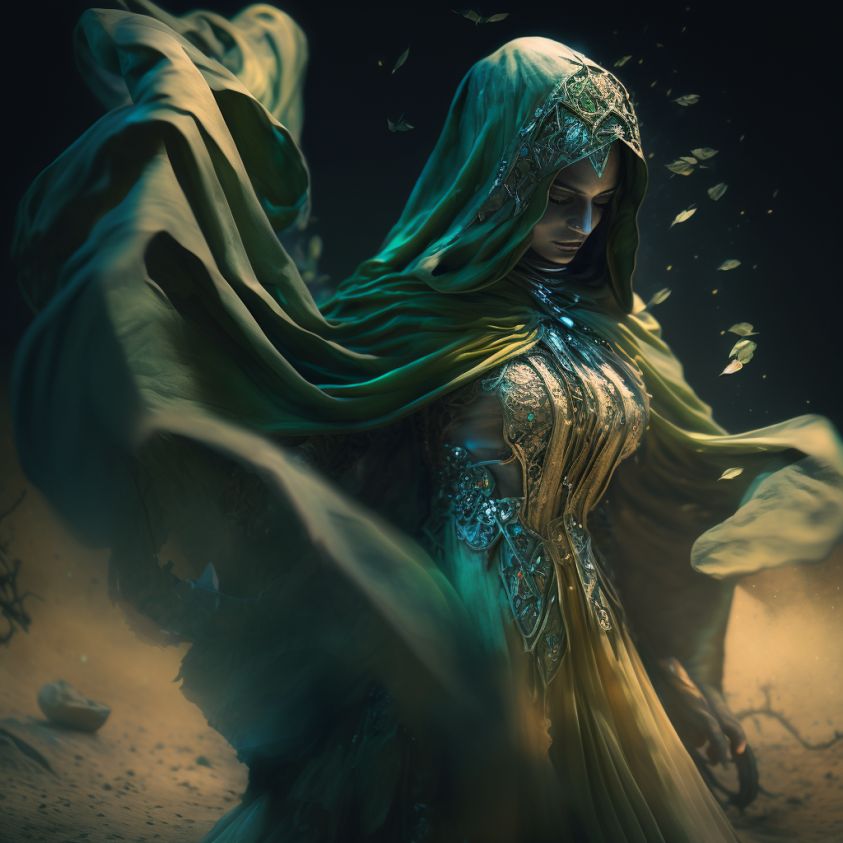 Prompt: Create an image depicting a Persian dancer in a flowing green cloak and face veil amid a desert landscape, infused with green magic and the theme of time manipulation, exuding elegance while dancing under nighttime lighting, illustrated in Artgerm's HD quality and 8k.