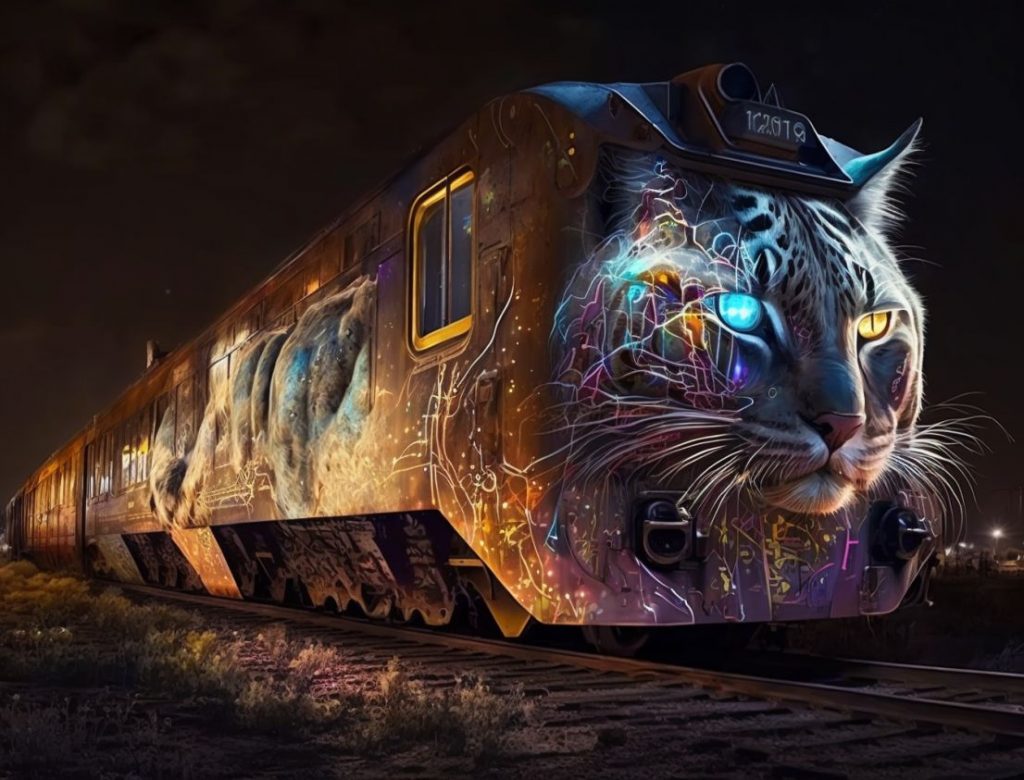 Prompt: Envision a highly detailed depiction of a graffiti cat tagged onto a train in the dark of night, illuminated by cinematic lighting, capturing ultra-realistic elements and presented in 8k through octane render technology, --ar 16:12.