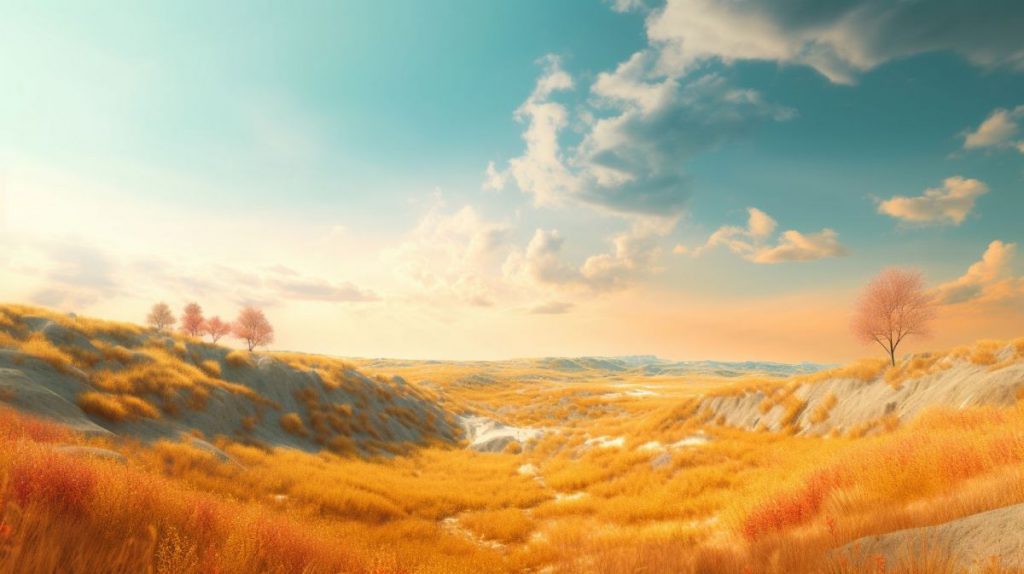 Prompt: Picture an idyllic Arcadian summer landscape, available in an 8K raw photograph, showcasing influences from Johfra with warm tones of tangerine and saffron against a serene blue sky highlighted with soft yellow, rich in mysticism and layers of surreal symbolism, --ar 16:9 --q 2 --v 5.