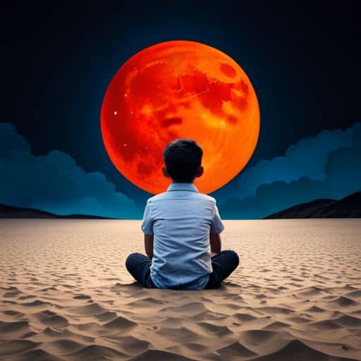 Prompt: Image of a boy sitting under the glow of a crimson moon.