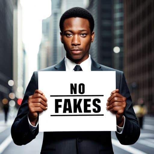 Prompt: photograph of a gentleman holding a blank sheet stating “No Fakes”