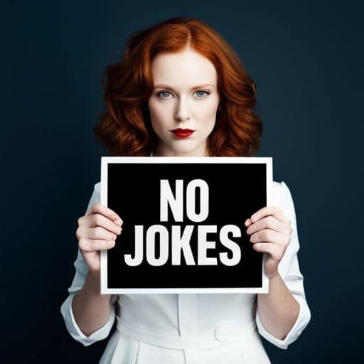 Image of a woman with red hair displaying a black sign featuring white text that states \