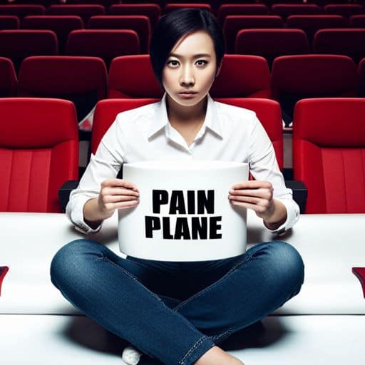 Prompt: Image of an Asian woman seated in a cinema, holding a plate with the inscription “Pain and Plane”.