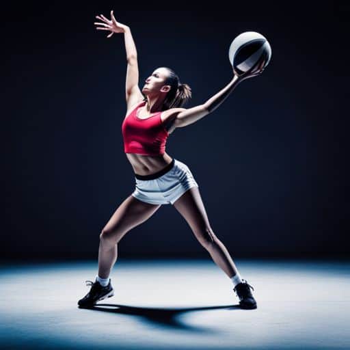 Prompt: Image of a woman in sportswear skillfully spinning a ball in her right hand.