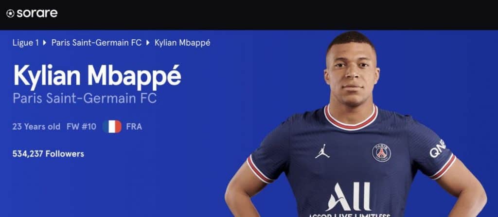 Here's a snapshot of Kylian Mbappé's profile on sorare.com.