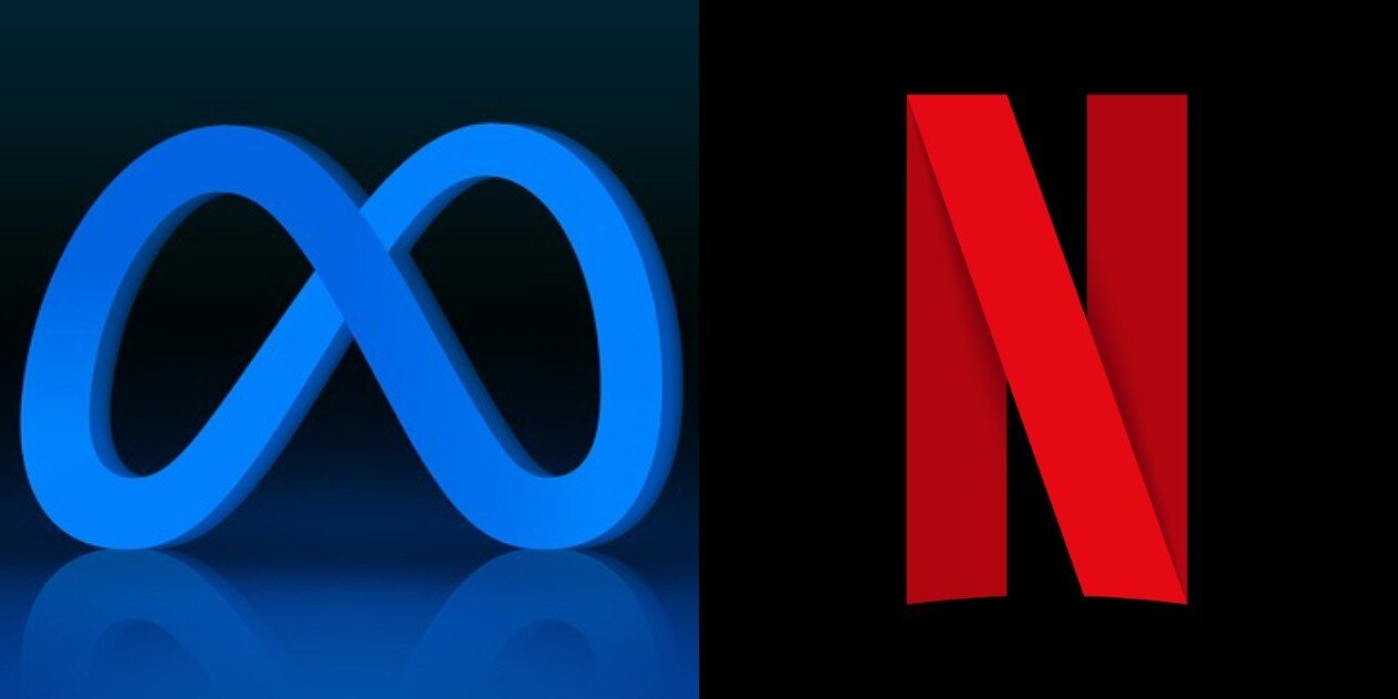 The logo of Meta is displayed on the left, while Netflix's logo appears on the right.