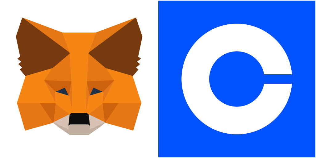 On the left: The iconic Metamask fox logo; On the right: The recognizable Coinbase C logo.