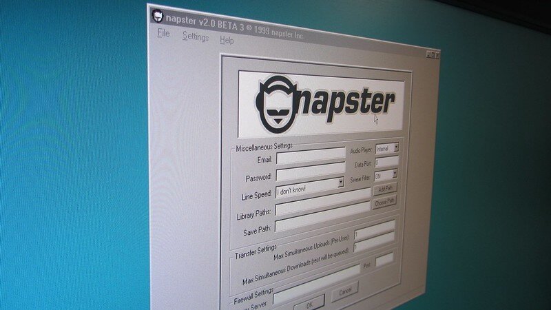 The image captures an intriguing perspective of Windows 98 alongside the Napster software that revolutionized music sharing.