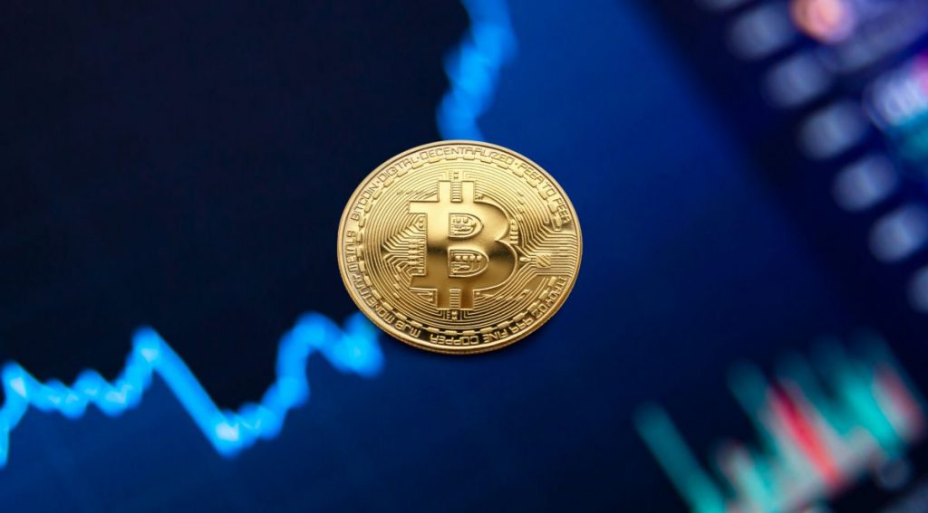 Visual representation of the Bitcoin symbol displayed on a digital backdrop.