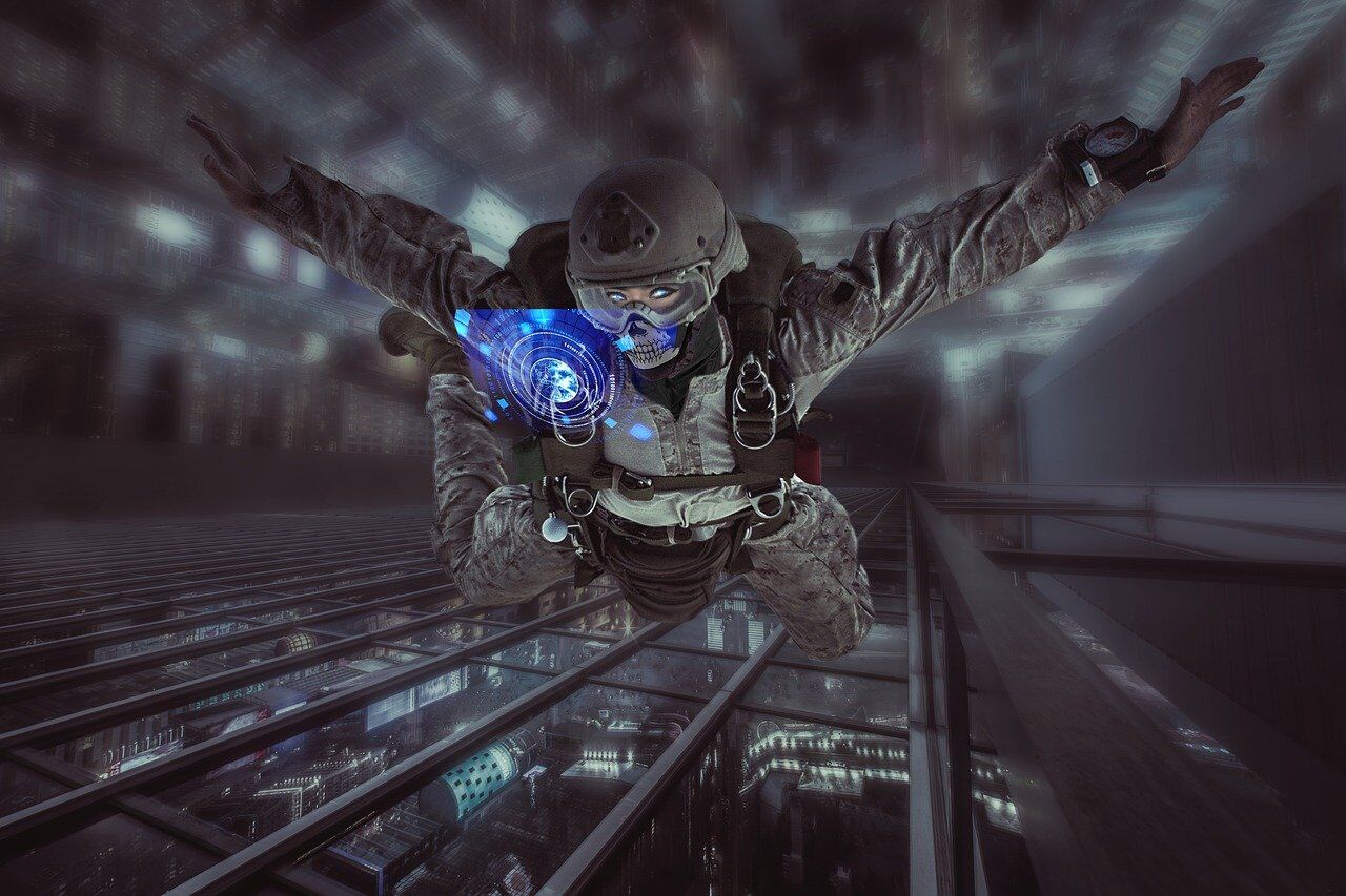 A cyber soldier operating in a Metaverse landscape.