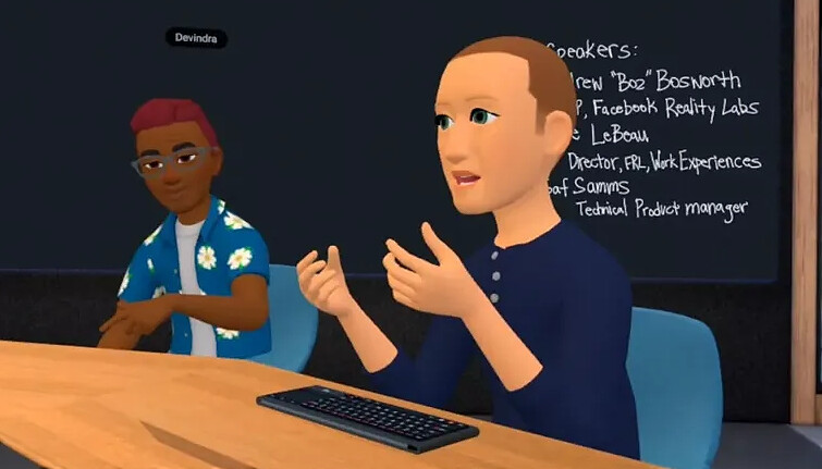 Mark Zuckerberg and a colleague appear in the Metaverse represented as avatars.